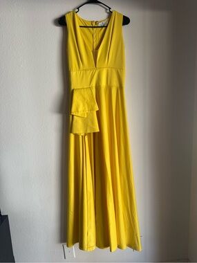 Bright Yellow V-Neck Wide Leg Jumpsuit with Ruffle Detail